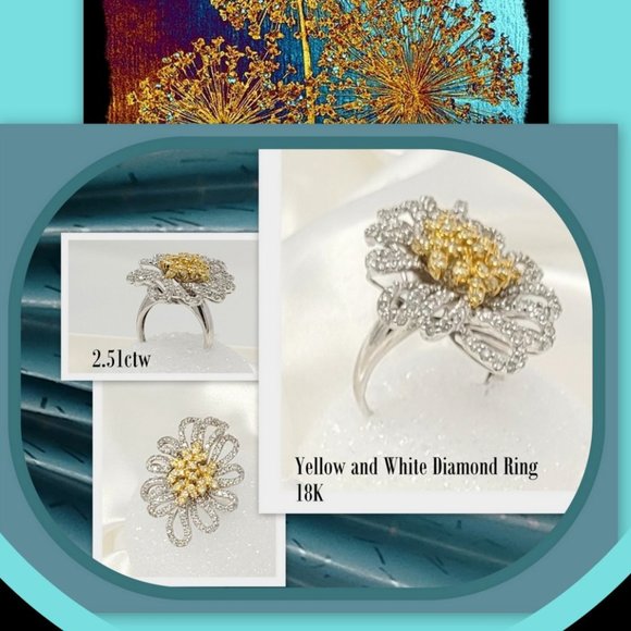 2.51ctw Yellow White Diamond Ring18K White Gold Floral Design Size 7.5 14.5g - Picture 1 of 5
